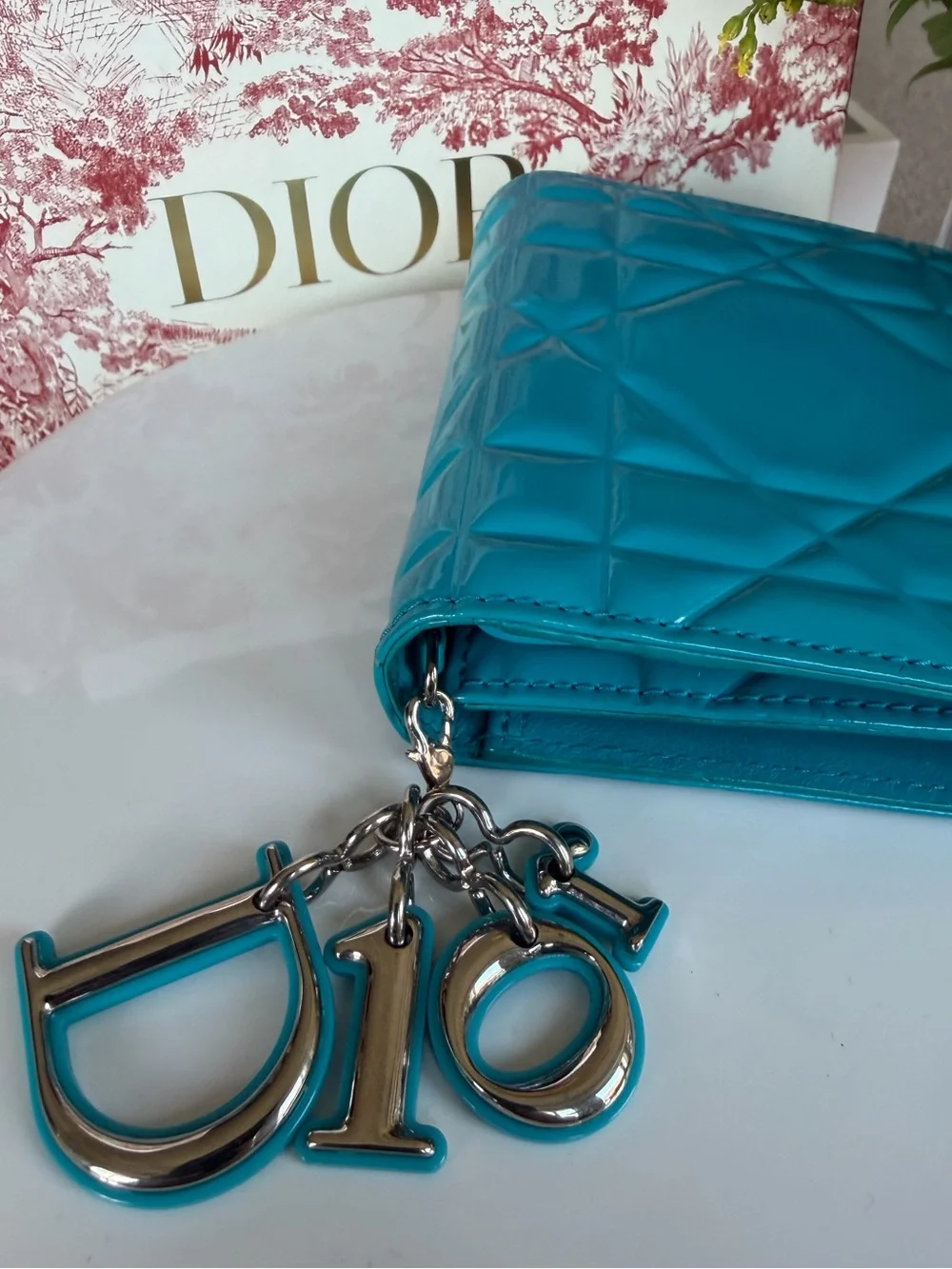 DIOR Patent LOTUS Wallet with Charm in Turquoise